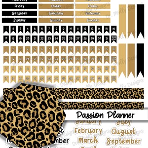 May include: A set of printable planner stickers featuring a leopard print design in black and gold. The stickers include days of the week, numbers 1-31, and months of the year. The text "Passion Planner" is also included.