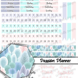 May include: A set of printable planner stickers with a winter forest theme. The stickers feature a hexagonal pattern with blue, green, and white colors. The stickers include a calendar, days of the week, months of the year, and the text "Passion Planner".