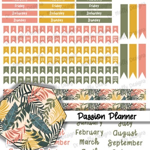 May include: A set of printable planner stickers with a tropical leaf pattern in shades of green, yellow, and pink. The stickers include days of the week, numbers, and months of the year. The text "Passion Planner" is included in the image.