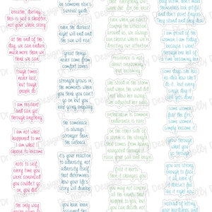 May include: A set of 16 colorful motivational quote stickers with blue, green, and pink text on a white background. The quotes focus on strength, resilience, and overcoming adversity.