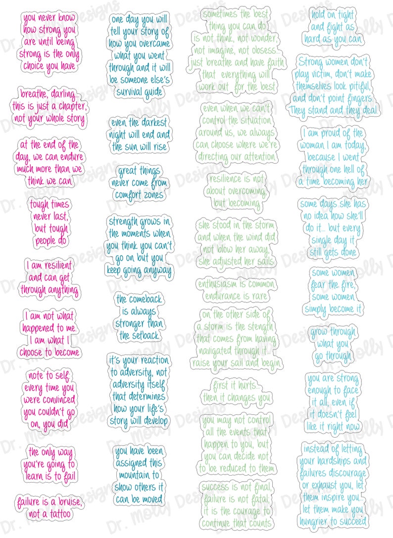 May include: A set of 16 colorful motivational quote stickers with blue, green, and pink text on a white background. The quotes focus on strength, resilience, and overcoming adversity.