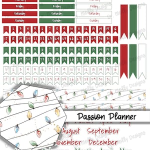 May include: A set of Christmas-themed planner stickers featuring red and green banners with numbers 1-31, days of the week, and the words "Passion Planner". The stickers also include a pattern of white string lights with colorful bulbs on a white background.