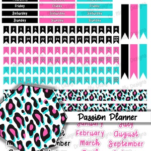 May include: A set of printable planner stickers with a leopard print design in black, pink, and turquoise. The stickers include days of the week, numbers, and months of the year. The text "Passion Planner" is included in the image.