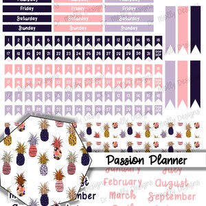 May include: A set of printable planner stickers featuring a pineapple pattern. The stickers include days of the week, numbers, and months of the year. The stickers are in a variety of colors, including pink, purple, and black.