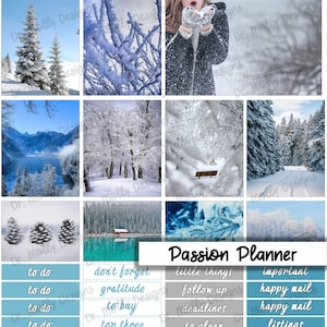 May include: A winter-themed passion planner with a blue and gray color scheme. The planner has a variety of sections for to-do lists, goals, and events. The background of the planner features a collage of wintery images, including snow-covered trees, a lake, and a cabin.