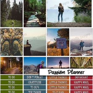 May include: A green, brown, and red passion planner with a collage of nature images. The planner has sections for "To Do", "Don't Forget", "Little Things", and "Important".