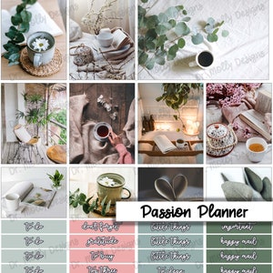 May include: A collage of images featuring a variety of coffee mugs, books, plants, and candles. The images are arranged in a grid pattern and have a warm, inviting aesthetic. The text "Passion Planner" is featured in the center of the collage.