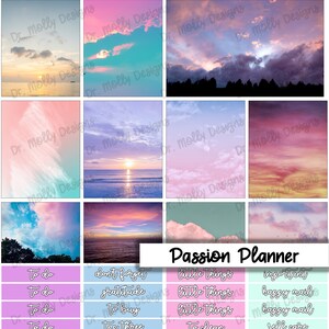 May include: A digital planner with a pastel color scheme and a variety of cloud backgrounds. The planner includes sections for to-do lists, goals, and other tasks. The text "Passion Planner" is at the top of the page.