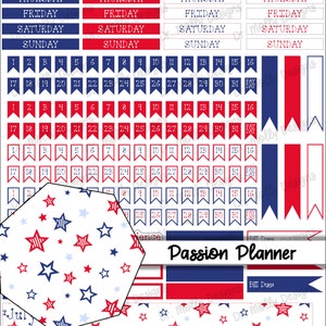 May include: A set of printable planner stickers in red, white, and blue with a patriotic theme. The stickers include days of the week, numbers, and stars. The text "Passion Planner" is included in the image.