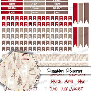 May include: A set of printable planner stickers with a Christmas theme. The stickers feature a red and brown color scheme with a pattern of stylized trees and reindeer. The stickers include days of the week, numbers, and months of the year.