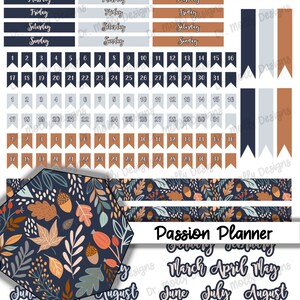 May include: A set of printable planner stickers with a fall theme. The stickers feature a blue and brown color scheme with leaves, acorns, and berries. The stickers include days of the week, numbers, and months of the year. The text "Passion Planner" is included on the sticker sheet.