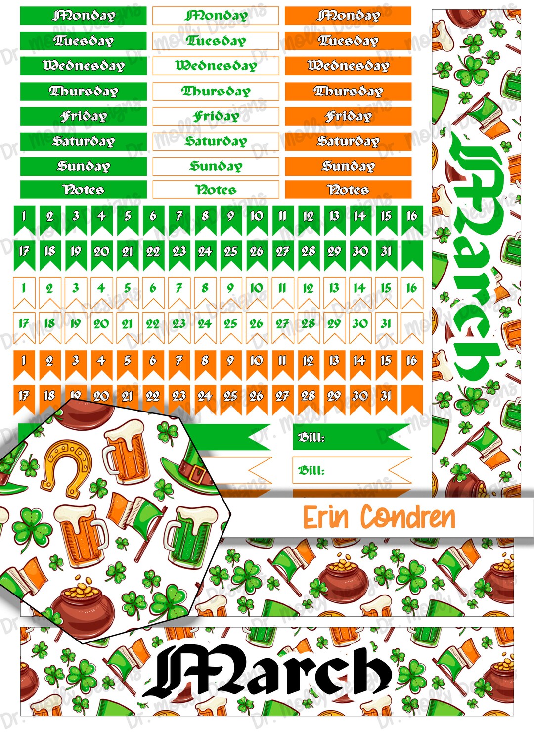 St Pats | MONTHLY Erin Condren | Printable Planner Stickers | Month ...