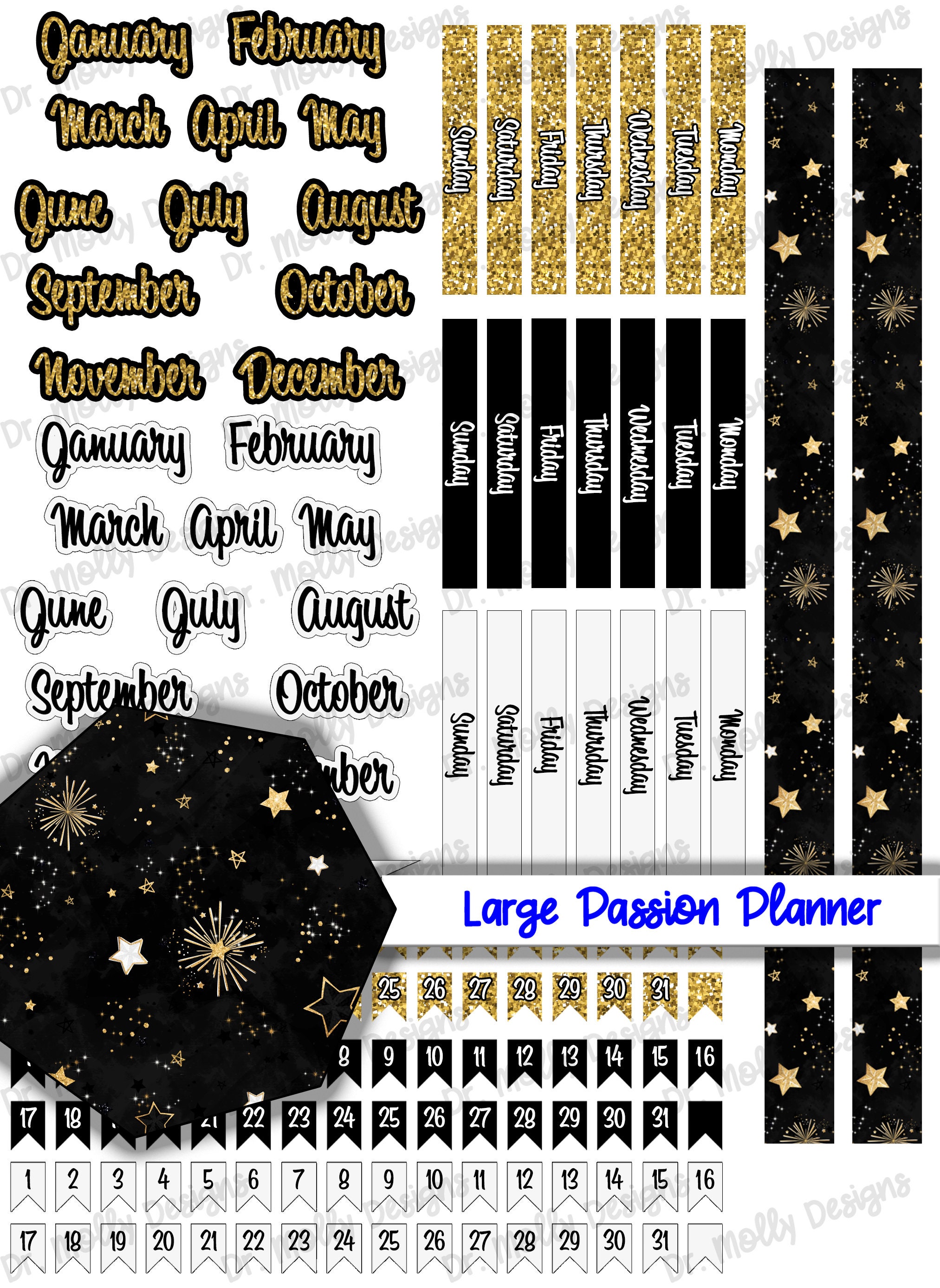 Printable PP Month Gold Stars MONTHLY Passion Planner Black Gold ...
