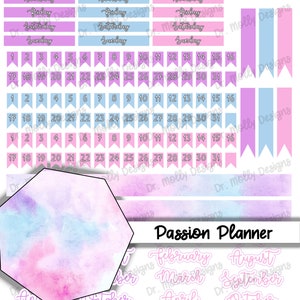 May include: A set of printable planner stickers with a watercolor background in shades of pink and blue. The stickers include days of the week, numbers, and months of the year. The text "Passion Planner" is printed in black at the bottom of the image.