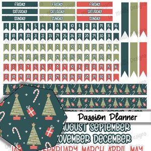 May include: A set of printable stickers for a passion planner. The stickers feature a Christmas theme with green and red colors. The stickers include days of the week, numbers, and a pattern of Christmas trees, candy canes, and presents.