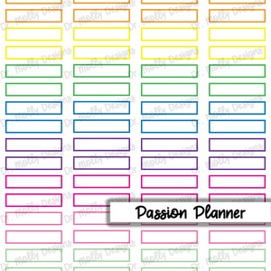 May include: A printable sheet of colorful rectangular boxes with the text "Passion Planner" at the bottom. The boxes are outlined in red, orange, yellow, green, blue, purple, pink, and teal.
