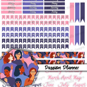 May include: A set of printable planner stickers featuring a colorful illustration of women with different hairstyles and skin tones. The stickers include days of the week, months of the year, numbers, and the words "Passion Planner".