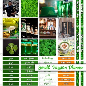 May include: A digital planner with a green shamrock theme. The planner includes sections for to do lists, goals, reminders, and events. The planner also includes a variety of images related to St. Patrick's Day, such as shamrocks, beer, and leprechauns.