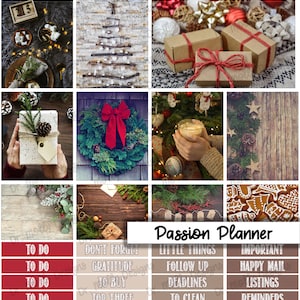 May include: A digital planner with a Christmas theme. The planner has a red and white color scheme and features images of presents, wreaths, and other holiday decorations. The planner is divided into sections for to-do lists, goals, and other tasks. The text "Passion Planner" is written in a festive font.