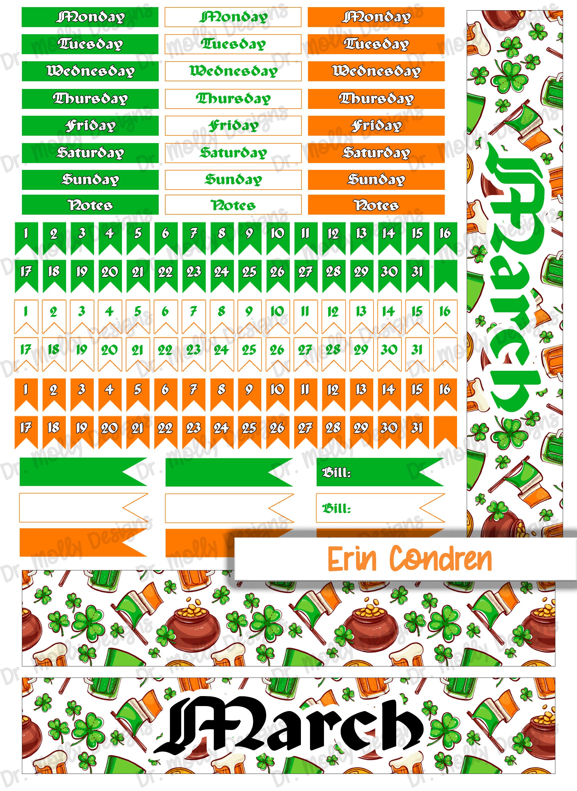 St Pats | MONTHLY Erin Condren | Printable Planner Stickers | Month ...