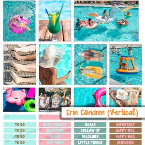 May include: A vertical planner with a colorful summer pool theme. The planner has a turquoise, pink, and brown color scheme. The planner has a section for "To Do", "Don't Forget", "Goals", and "Important".