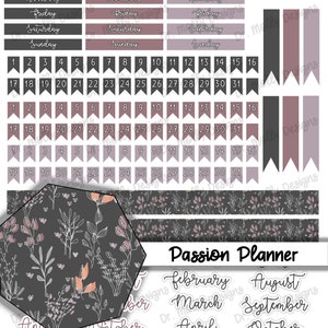 May include: A set of printable planner stickers with a floral pattern in shades of gray and pink. The stickers include days of the week, numbers, months, and the phrase "Passion Planner".