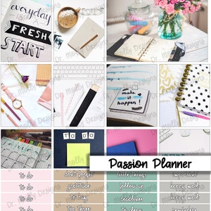 May include: A collage of images featuring various planner supplies, including notebooks, pens, stickers, and a calendar. The text "Passion Planner" is featured in the center of the image. The images are arranged in a grid pattern.