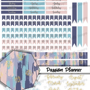 May include: A set of printable planner stickers with a blue, pink, and gold color scheme. The stickers include days of the week, numbers, and months of the year. The text "Passion Planner" is included in the image.