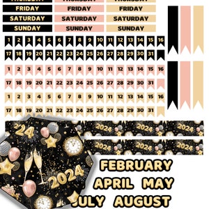May include: A set of black and gold planner stickers with a New Year's Eve theme. The stickers include days of the week, numbers 1-31, and a repeating pattern of gold balloons, champagne flutes, and fireworks on a black background. The text "2024" appears in gold on the stickers.