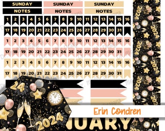 New Year 2024 | MONTHLY Erin Condren Printable Planner Stickers | January Month Planner Sticker Kit | January 2024 Erin Condren Layout | NYE