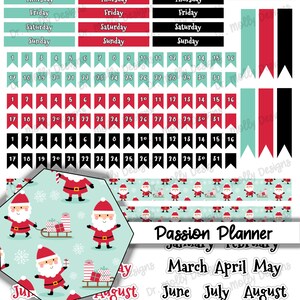 May include: A set of printable planner stickers featuring a Christmas theme. The stickers include days of the week, numbers, Santa Claus illustrations, and the months of the year. The stickers are designed in a red, black, and white color scheme with a mint green background.