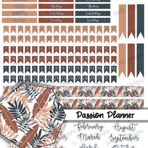 May include: A set of printable planner stickers with a tropical leaf pattern. The stickers include days of the week, numbers, and months of the year. The stickers are in shades of brown, beige, and teal.