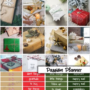 May include: A Christmas-themed passion planner with a grid of boxes containing lists of things to do, don't forget, little things, and important. The boxes are decorated with images of wrapped gifts.