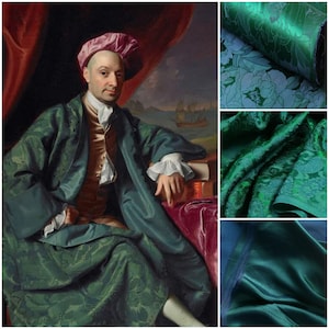 May include: A composite image featuring a historical oil painting of a person wearing a green patterned banyan robe and a pink cap, alongside three close-up views of a deep green fabric with a tonal floral jacquard pattern and a smooth finish.