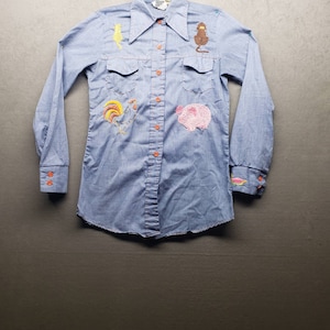 vintage VTG années 1970 La Chemise Chambray bleu brodé top coton léger