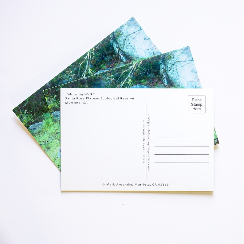 May include: A postcard featuring a photograph of a lush green forest with a rocky outcropping. The text on the postcard reads "Morning Walk" Santa Rosa Plateau Ecological Reserve Murrieta, CA. The back of the postcard has space for a stamp and an address.