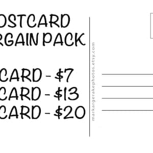 May include: A postcard with the text "POSTCARD BARGAIN PACK" and pricing information for different quantities of postcards: 5 cards for $7, 10 cards for $13, and 25 cards for $20.