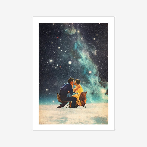 I'll Take You to the Stars for A Second Date Print - [Surreal Art Print, Space Collage Art, Retro Inspired Art, Couple in Love Art]