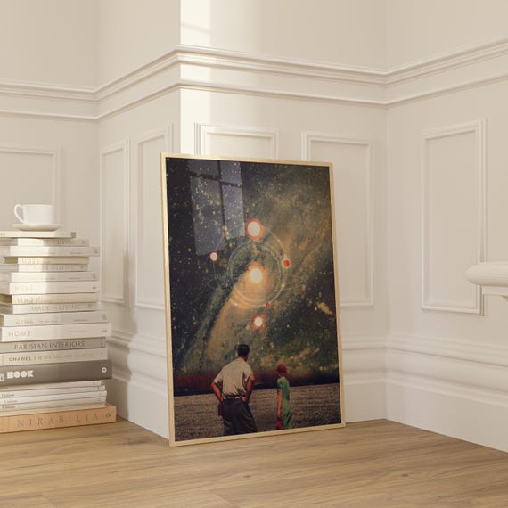 Light Explosions in our Sky Art Print - [Collage, Art, Retro, Space, Futuristic, Midcentury Vibe Surreal Collage, Sci-fi Wall Decor]
