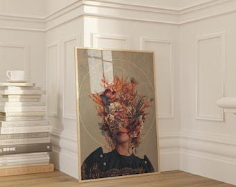 May include: A framed print of a woman with a floral arrangement covering her face. The flowers are in shades of orange, red, and yellow. The background is a muted green colour.