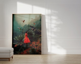 20 Seconds Before the Rain Art Print - [Botanical Collage Art,Elegant Woman Portrait, Retro Surreal Art Print, Jungle Art]