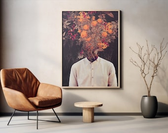 Bloom - [Flower head Collage Art, Surreal Floral Portrait, Retro Botanical Art Print]