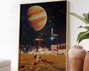 a Postcard from year 2349 Art Print - [Collage, Art, Retro, Space, Futuristic, Midcentury Vibe Surreal Collage, Sci-fi Wall Decor]