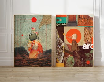 Surreal Botanical Collage Art Prints: Mid-Century Modern Set "Antarctic Broadcast - Archival World"