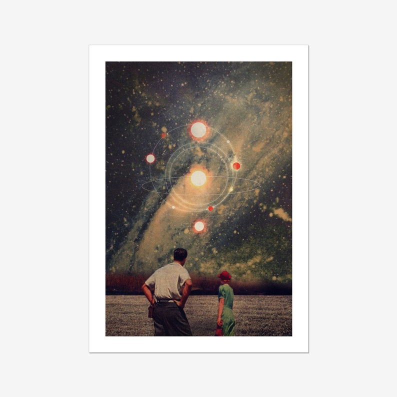 May include: A couple stands in a field, looking up at a starry sky with a glowing sun and planets in the center. The sky is a dark blue with a swirling galaxy in the background.