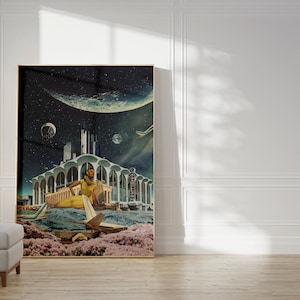 um cartão postal do ano 2345 - [colagem, impressão de arte, retrô, espacial, futurista, colagem surreal de meados do século, decoração de parede de ficção científica]]