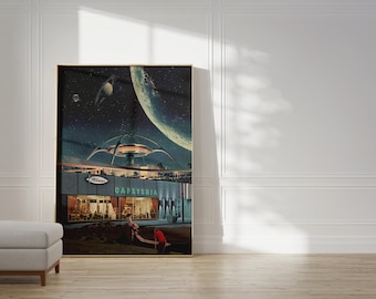 May include: A retro-futuristic illustration of a diner with a space-age design. The diner has a large, circular roof with a glowing green light. The diner is set against a starry night sky with a crescent moon and a planet in the background. The text "CAFETERIA" is visible on the diner's facade.