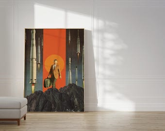 The Departure Art Print - [Collage, Art, Retro, Space, Futuristic, Midcentury Vibe Surreal Collage, Sci-fi Wall Decor]