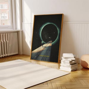 May include: A digital art print featuring a person walking towards a large, green, circular opening in a black, starry sky. The text "Escaping into The Void!" is printed below the image.