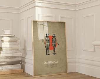 May include: A framed art print featuring a vintage-style collage with two figures in swimwear standing in front of a large red circle. The print has a beige background with the word "Summerish" in a stylized font.